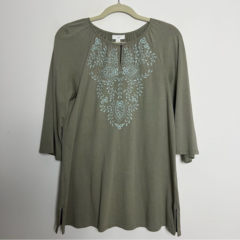 J. Jill Embroidered Green Gray 3/4 Flutter Sleeve Soft Knit‎ Tunic Top Size XS